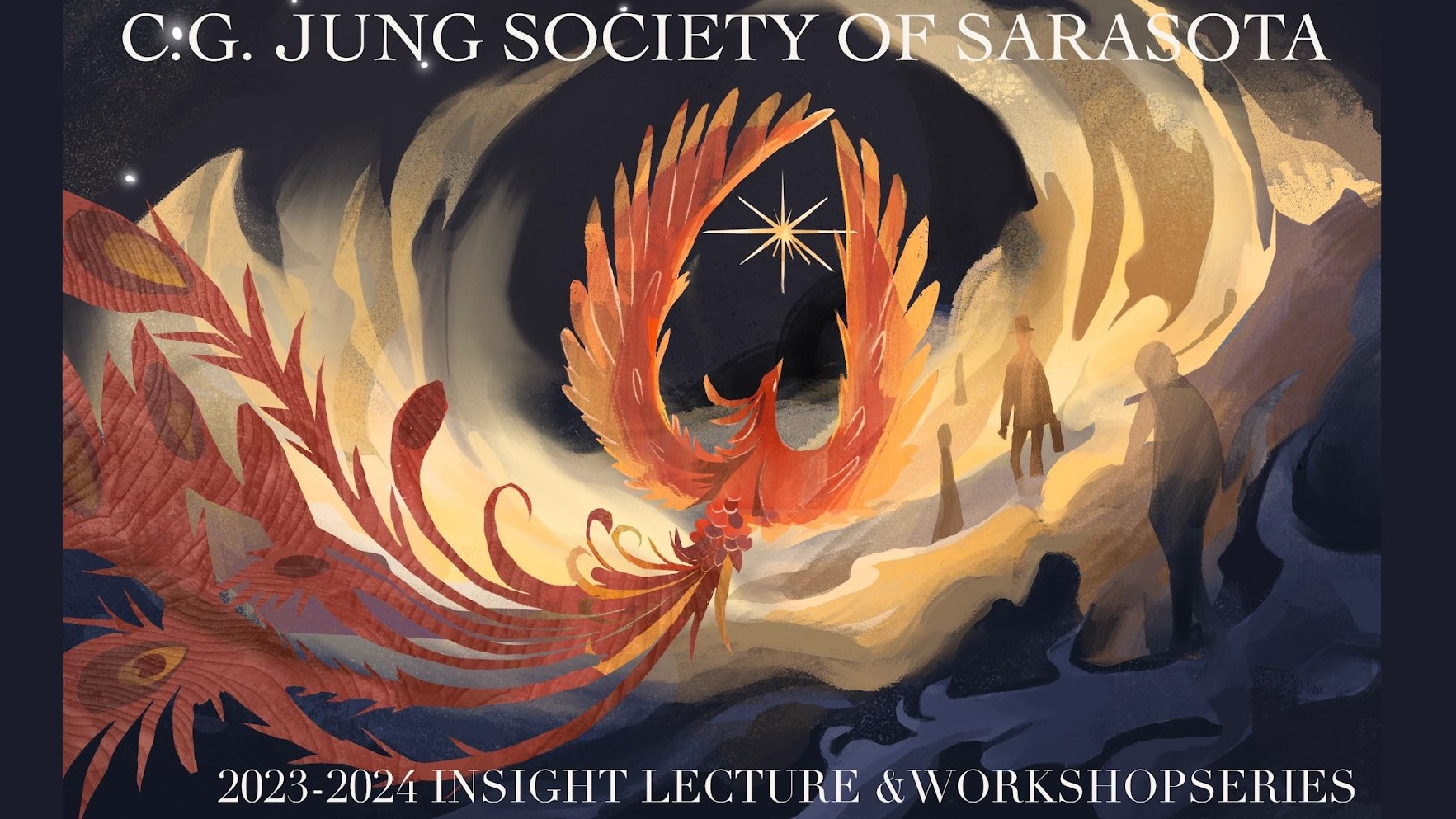 Illustration Phoenix bird and figures of humans walking in haze.