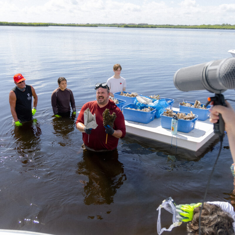 Film students on location with the Oyster River Ecology team, filming a short documentary.